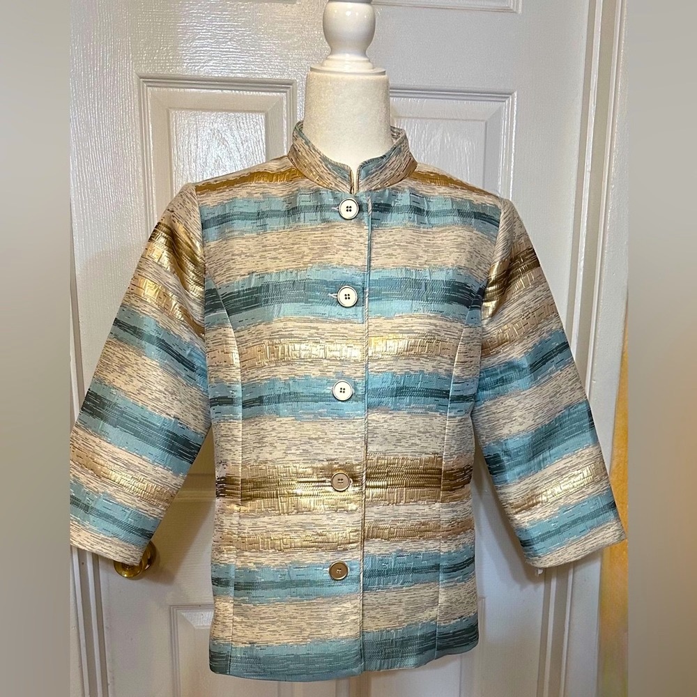 Draper’s & Damons Jacket aqua blue gold jacket blazer long sleeve Size Medium - Picture 2 of 8